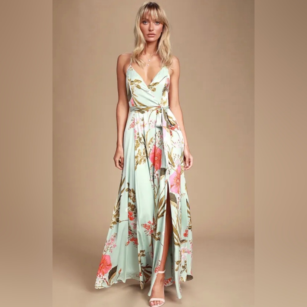 LuLus Still the One Sage Green Floral Print Satin Maxi Dress
